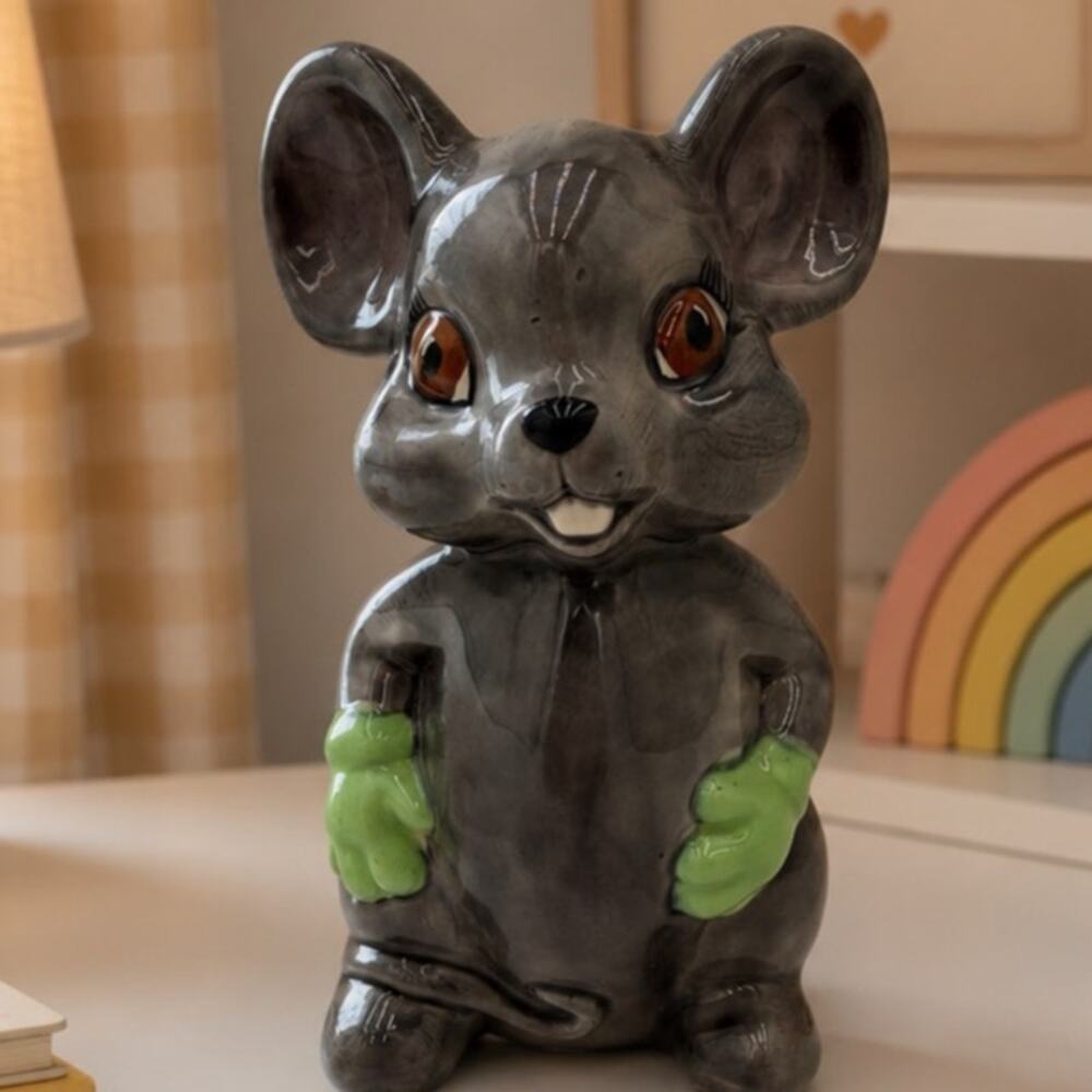 1980's Grey Ceramic Mouse Piggy Bank